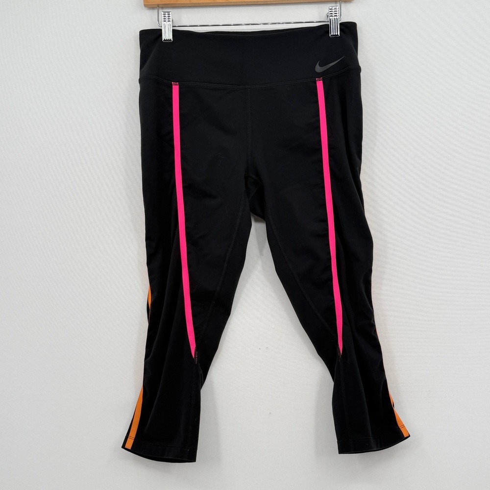 Nike Leggings Women Medium Black Pink Orange Striped Cropped Activewear Sporty